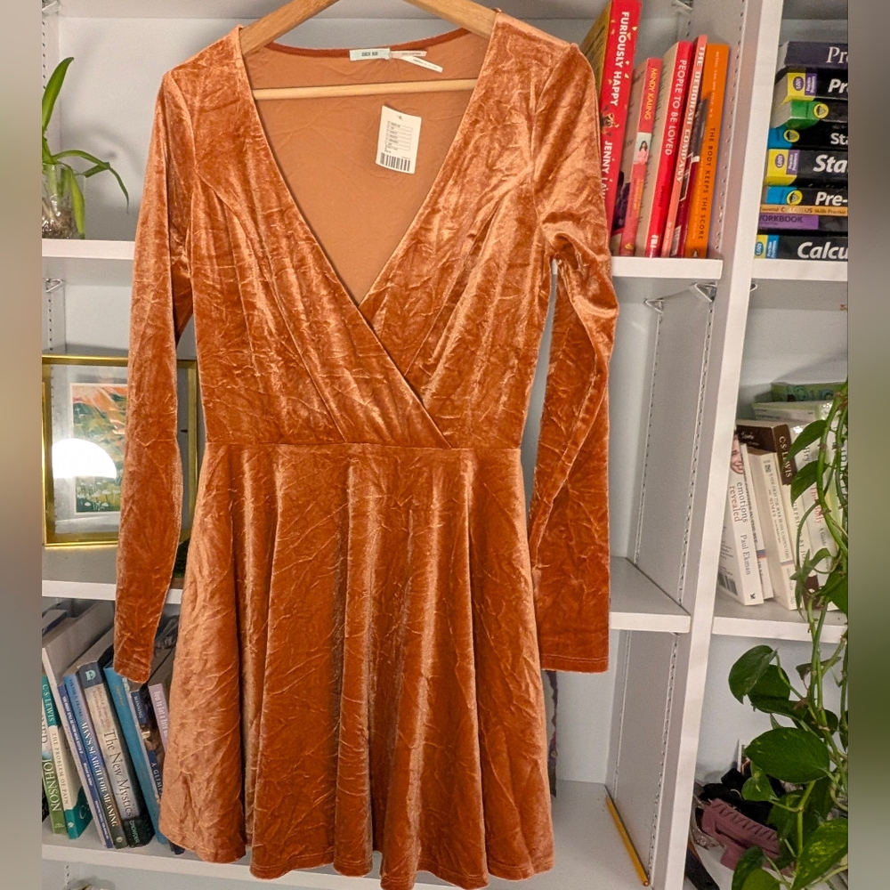NWT Urban Outfitters Velvet Long Sleeve Dress Burnt Orange Size Medium Fairy - Picture 9 of 9